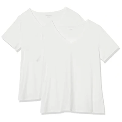 Imagen de Amazon Essentials Camiseta de Manga Corta con Cuello en V Talla Grande Mujer, Pack 2, Blanco, 3XL