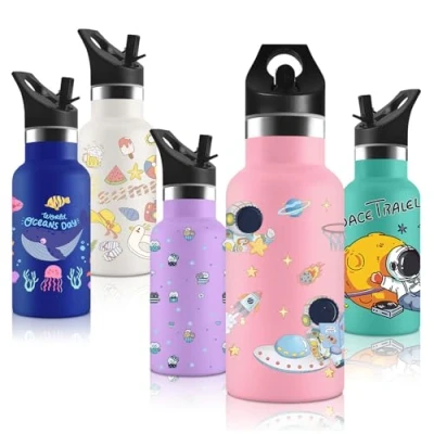 Imagen de Vikaster Botella Agua Acero Inoxidable con Tapa de Popote y asa, Niños 350ml, Termica Reutilizable, Sin BPA, para Adultos, Niños, Escuela, Ciclismo, Gym, Deportiva