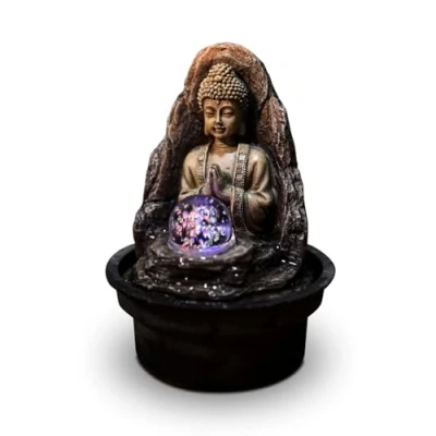 Imagen de Fontaine Peace Fuente de Interior Buda Zen Relajante con Luz LED Decoración Hogar Regalo Pequeño Precio Mesa Circuito Cerrado Beige y Marrón H 18 cm Zen&#039;Light