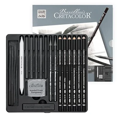 Imagen de CRETACOLOR Black Box charcoal set de 20 piezas con carboncillo y materiales dibujo, incluye goma papel amasada, se puede emborronar colorear agua