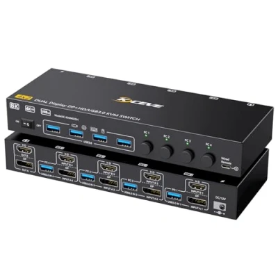 Imagen de YOUTINGHDAV KVM Switch 4 PC 2 Monitores HDMI Displayport 8K@60Hz 4K @144Hz, USB 3.0 Dual Monitor for Comparten Teclado, Ratón e Impresora, con Wired Remote