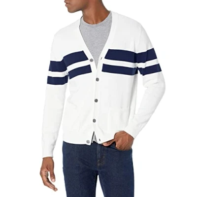Imagen de Amazon Essentials Jersey Cárdigan de Algodón Hombre, Azul Marino Blanco Raya Rugby, M