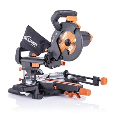 Imagen de Evolution Power Tools R210SMS+ Ingletadora deslizante multimaterial de 210 mm, con paquete Plus, Corta acero dulce, aluminio, plástico, madera clavos incrustados, 230 V