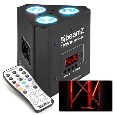 Imagen de Beamz TP36 Foco Uplight PAR 3 leds de 4W RGB UV, control por DMX, modo autónomo, función automático, maestro/esclavo, mando a distancia incluido, perfecto para iluminación salas o arquitectónica