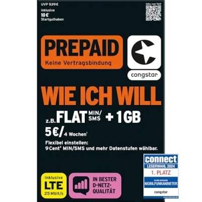 Imagen de congstar Allnet Flat Plus Tarjeta SIM y Nano (30,00 Euros/Mes, 1 GB de Datos Planos, máx. 21 Mbps, en Todos los DT. Redes)
