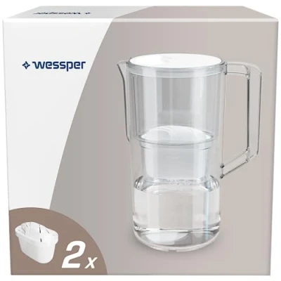 Imagen de Wessper jarra de filtro agua 2,5 L Aqua Max Basic, juego y 2 filtros compatibles con Brita Maxtra, sistema agua, reducción cal, cloro blanco