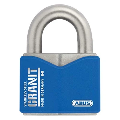 Imagen de ABUS Candado de granito 37ST/55#SZP acero inoxidable, para uso en exteriores, con tarjeta seguridad y cilindro disco Plus, nivel 10, color azul plateado