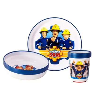 Imagen de Zawadi Global Fireman Sam Juego de vajilla bicolor para niños, 3 piezas, plato, cuenco y vaso, sin BPA