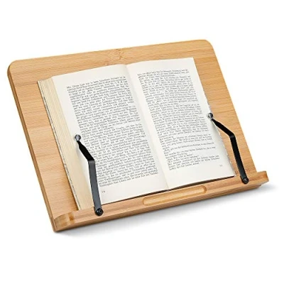 Imagen de Navaris Soporte para Libros Atril Plegable de bambú Libro Cocina Lectura o Estudio 2X Clip metálico apoyar pie en la Mesa Cama