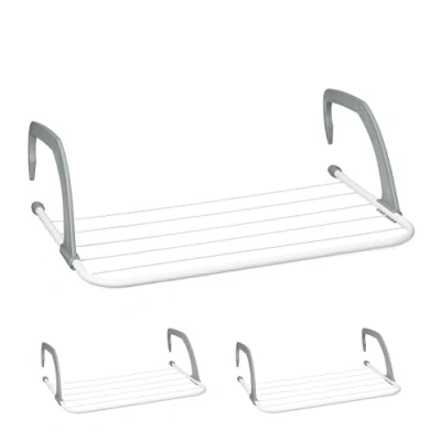 Imagen de Relaxdays Wäscheständer Heizung 3er Tendedero Balcón, Set 3, Longitud Secado 3 m, para Colgar, Radiadores y Barandillas, Secador Ropa, Blanco/Gris, Acero, 15 x 63 cm