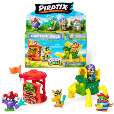 Imagen de PIRATIX ADVENTURE WORLD Serie Crazy Jungle, Captain Pack Watchtower Incluye 4 Piratix, 1 capitán Dorado, Accesorios neón, Jaula, cañón, 2 Tesoros exclusivos y Banderas neón. 3/6