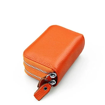 Imagen de AprinCtempsD RFID Cartera Tarjeteros Piel Genuino Monedero Pequeñas Portatarjetas Mini Cremallera para Mujer Hombre (Naranja)
