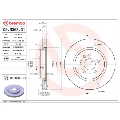 Imagen de BREMBO 09.N363.31 Disco de freno 315 23 5 ventilación interna revestido OPEL: Insignia B Grand Sport, Sports Tourer Furgón / Familiar