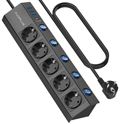 Imagen de Regleta Regletas Enchufes con USB de 5 Tomas Corrientes y 4 Puertos (3 A+1 C),Enchufe Multiple 3680W/16A Interruptor Independiente Protección contra Sobrecargas,Cable 2M