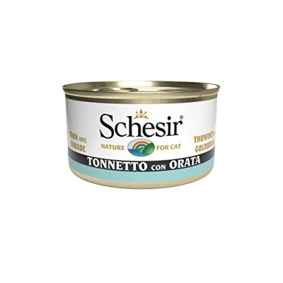 Imagen de Schesir, comida húmeda para gatos adultos, sabor bacoreta con dorada, filetes en gelatina blanda Total 2,04 kg (24 latas x 85 gr) 2040 g
