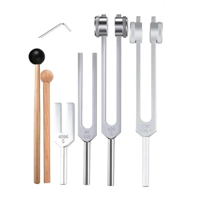 Imagen de NEWFUN Diapason,Diapason 528 Hz,Juego de 4 diapasones (128 Hz, 136,1 MI 4096 Hz) ideal para terapia, terapia chakras, sonido, mantener el cuerpo y la mente relajados