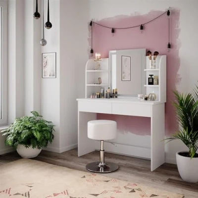 Imagen de Vicco Tocador Charlotte, Blanco, 106 cm con Espejo LED y Taburete