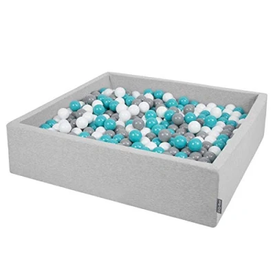 Imagen de KiddyMoon Piscina De Bolas 120X30cm/600 El Cuadrado Grande para Ninos,Hecha En La UE, Gris Claro:Gris/Blanco/Turquesa