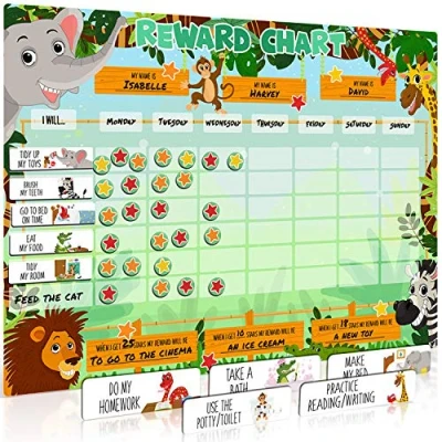 Imagen de Tabla De recompensas para niños Calendario recompensas/estrellas magnético animales safari Pizarra infantil que fomenta el buen comportamiento, personalizable. Luigi’s