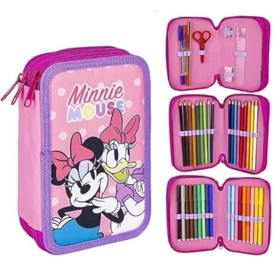 Imagen de Plumier con Accesorios de Minnie Mouse Color Rosa 12,5x6,5x18,5 cm Fabricado en Poliéster Triple Compartimento Cierre Cremallera Producto Original Diseñado España