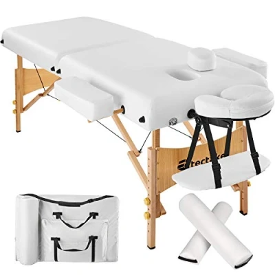 Imagen de TecTake® Camilla Masaje Plegable de Madera, Profesional Bizona para Fisioterapia, Quiromasaje, Tatoos, Reiki, Estética Ajustable, con Bolsa Transporte y Cojines Blanco