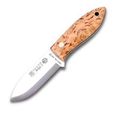 Imagen de Joker Cuchillo Bushcraft Avispa S CL121, Mango de Abedul Rizado, Hoja 8 cm con Agarre en el Lomo, Incluye Funda Cuero marrón, Herramienta Pesca, Caza, Camping y Senderismo