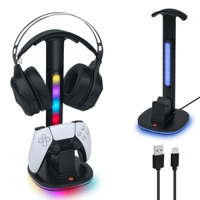Imagen de Mcbazel Cargador para Controlador de PS5 DualSense, con Iluminación RGB Versátil y Soporte Auriculares, Compatible Mandos DualSense.