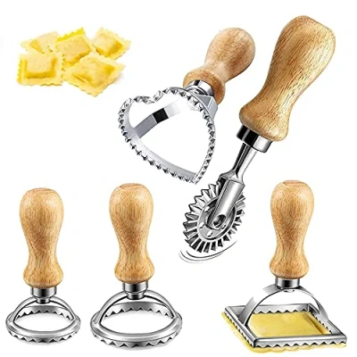 Imagen de 5 Piezas Raviolis Cortadores de Raviolis, Molde Pasta Cortador Ravioles Acero, Moldes y Rodillo Cortar Diferentes Formas, para Pasta, etc.