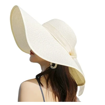 Imagen de Sombrero de paja verano para mujer protección solar ala ancha plegable Floppy Sun Hat Gorra playa UPF 50+(Beige)