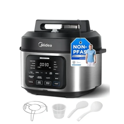 Imagen de Midea olla a presión, 9 en 1, multicocina con 12 funciones, presión de 6 l, arrocera, vapor, yogurtera, cocción lenta y al vacío, saltador, libro recetas