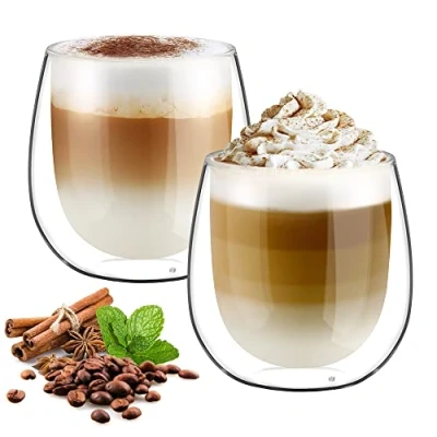Imagen de glastal 250ml*2 Tazas de Café Cristal, Vasos Doble Pared Transparente, Vidrio Borosilicato para Leche Té Latte Macchiato y Más