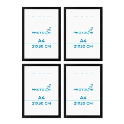 Imagen de PHOTOLINI marcos A4 21x30 cm plata madera MDF, set de 4 para pósteres, cristal acrílico, colgar y poner pie, incluye accesorios fotos, láminas pósteres