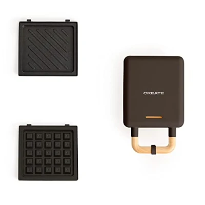 Imagen de CREATE/STONE STUDIO/Sandwichera Grill y gofrera individual negro / 2 placas intercambiables: Sandwich Gofre, antiadherente, 1 rebanada, apertura 100º, autoapagado, asa tacto frío, 600W