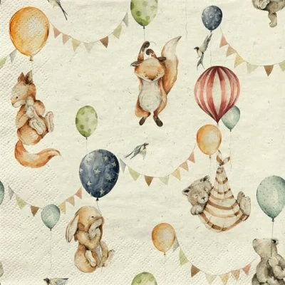 Imagen de 20 Servilletas de papel reciclado con motivos infantiles animales volando globos como decoración mesa. diseño. También para decoupage y (33 x