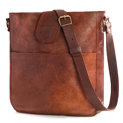 Imagen de LEABAGS Bolso de Cuero para Mujer Bandolera Genuino Trabajo, Universidad, Escuela y Tiempo Libre Tamaño M (24 x 23 6 cm) Natural Marrón Claro