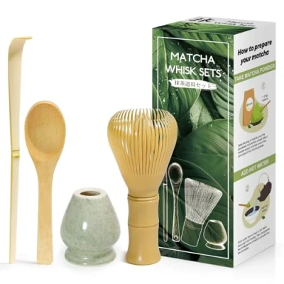 Imagen de Juego de 4 piezas Matcha ceremonia japonesa, amarillo batidor resinoso, cuchara bambú, pala portabatidor, caja para la del té, bebida verde