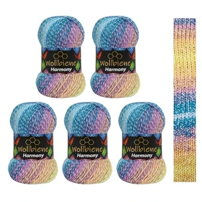 Imagen de Wollbiene Harmony Batik 8070 5 ovillos de 100 g con degradado color, 30% algodón, multicolor, para todo el año, 500 g, multicolor