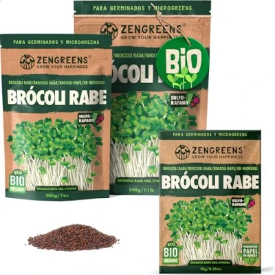 Imagen de ZenGreens® Semillas de brócoli ecológico Elija entre 10g, 200g y 500g brotes cime di rapa germinación más del 97% Microgreens