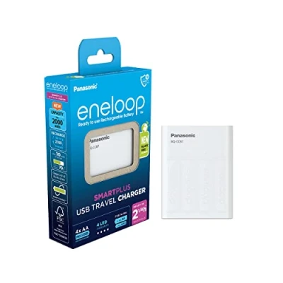 Imagen de eneloop SmartPlus Travel Cargador USB, para 1 4 Pilas Recargables AA/AAA, 2.25h de Tiempo Carga, 10 Funciones Seguridad, AA (2000 mAh) Incluidas