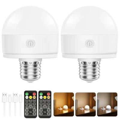 Imagen de Suright 2 Piezas Bombilla Recargable con Mando, 3 Temperaturas de Color Regulable, LED E27 Desmontable Temporizador, Inalámbrica para Lámparas Sin Cableado, Decoración del Hogar