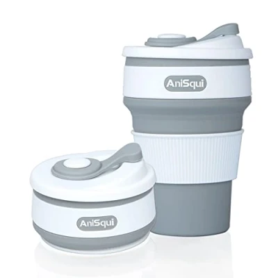 Imagen de AniSqui taza de café plegable silicona con tapas (350ml, a prueba fugas, sin BPA, reutilizable, café, portátil