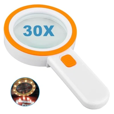 Imagen de lupa con 12 luces LED, lente de vidrio doble 30X, lectura iluminada mano para personas mayores, lectura, monedas, sellos, mapa, inspección, degeneración macular (naranja)
