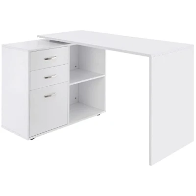 Imagen de HOMCOM Mesa de Ordenador Escritorio Esquinera Oficina 2 Formas con Estantes 3 Cajones Despacho Escuela Estudio Madera Blanco