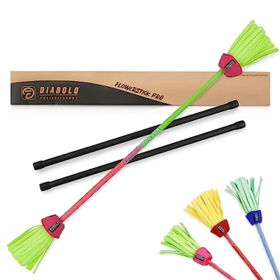Imagen de Diabolo Freizeitsport Flowerstick Pro Palillo de fibra vidrio (incluye 2 palos, reactivo UV, pintado a mano, ideal para intermedios y profesionales), color verde rosa