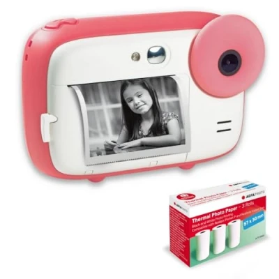 Imagen de AGFA Photo Pack Realikids Instant CAM + 3 Rollos de Papel térmico ATP3WH adicionales, cámara instantánea Infantil, Pantalla LCD 2,4 Pulgadas, batería Litio, Espejo Selfie y Filtro Fotos Rosa