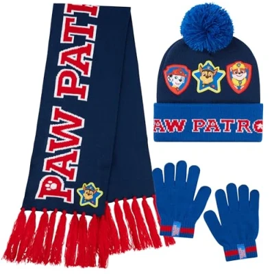 Imagen de Paw Patrol Set de Invierno 3 Piezas, Gorro Pompón, Bufanda y Guantes para Niños (Azul Marino/Rojo)
