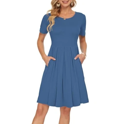 Imagen de AUSELILY Vestido Informal de Manga Corta con Pliegues Sueltos y para Mujer Beja Azul,XXL
