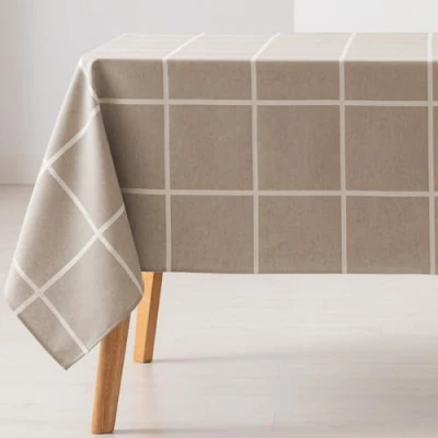 Imagen de GAMUSI Mantel Antimanchas Mesa Cuadrada Cuadros Jacquard Impermeable 140x140 cm, Tacto Tela, Color Beige