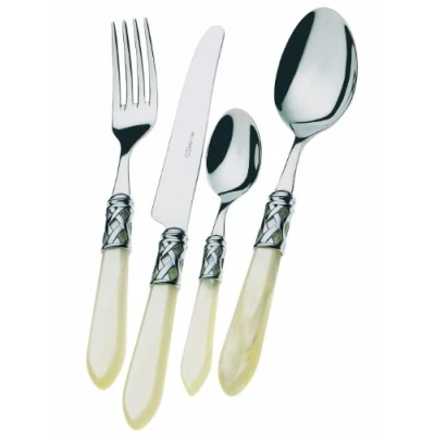Imagen de BUGATTI Cubertería, Aladdin, 24 Piezas en Acero Inoxidable 18/10, aro Cromado y Mango de Marfil con Efecto nácar. Cubertería para 6 Personas: cucharas, Tenedores, Cuchillos cucharas café