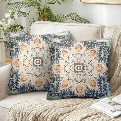 Imagen de 45 x cm Funda Cojín Sofa Juego de 2 Bohemia Mandala Fundas Cojin Lino Etnico Vintage Geométrico Almohada Boho Otoño Cojines Decorativos para Salon Cama (Azules)